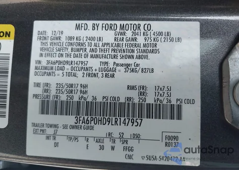 2020 Ford Fusion Se from USA, damaged, VIN 3FA6P0HD9LR147957